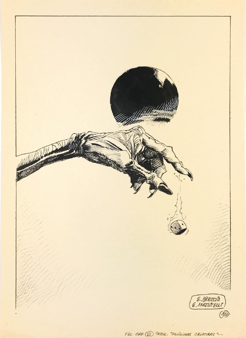 ENRIQUE BRECCIA - Anonimas Criaturas: Tavola conclusiva per il sesto capitolo, su testi di Mazzitelli. China e tempera su cartoncino, cm 25x35. Firmata dagli autori. ENG Closing art for the sixth chapter, script by Mazzitelli. Ink and tem