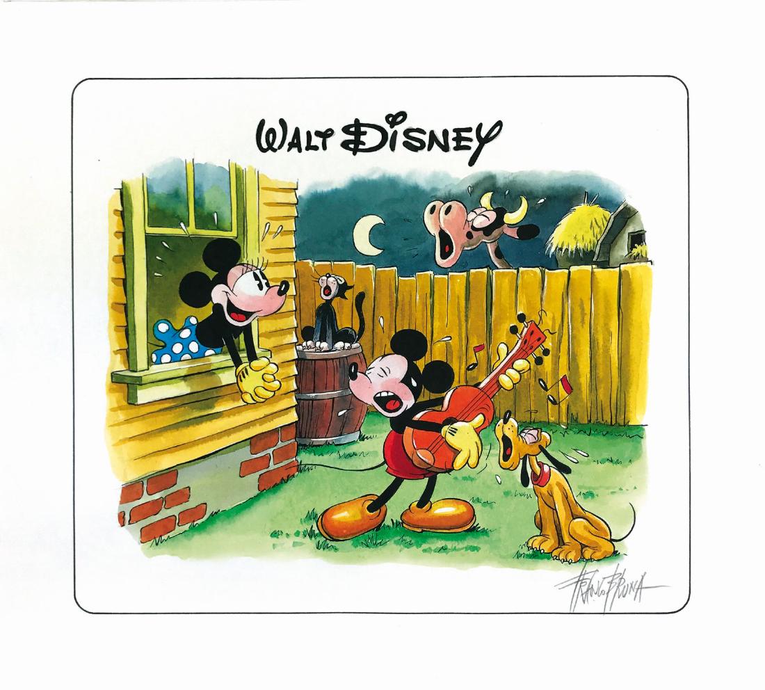 FRANCO BRUNA - La Serenata di Topolino a Minni: Illustrazione per collezione di figurine edite negli anni ‘90 e dedicate al periodo classico. Matita, china ed ecoline su cartoncino, cm 37,5x34. Firmata. ENG Mickey Mouse’s serenade. Original ill