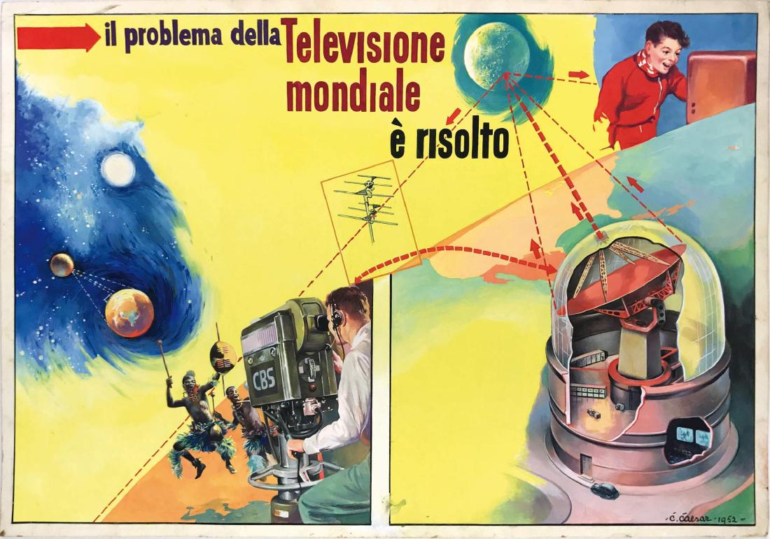 CORRADO KURT CAESAR - La Televisione Mondiale: Doppia tavola didattica per “Il Vittorioso” n. 10 del 1952. Tempera su cartoncino, cm 50x35. Firmata e datata. Ottimo stato. ENG Double didactic original art published in “Il Vittorioso” #10, 