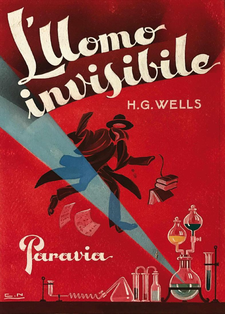 CARLO EMILIO NICCO - L'UOMO INVISIBILE: Di Herbert George Wells. Collezione composta da copertina originale per la prima edizione Paravia, 1925. Acquerello e tempera su cartoncino, cm 17x25. Firmato con monogramma accompagnata da 15 illustr