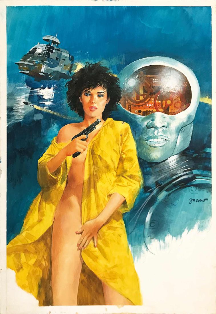 CARLO JACONO - ROMANZO DI FANTASCIENZA: Originale di copertina, n.d. ma anni 70. Tempera su cartone cm 30,5x44.5. Firmata. Eccellente stato. ENG Original cover art, not dated but 1970s. Tempera on cardboard, cm 30,5x44,5. Signed. Very good 