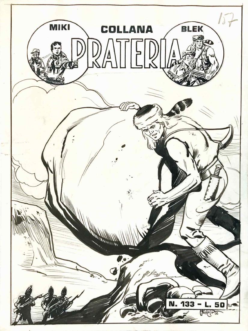 EMILIO UBERTI - COLLANA PRATERIA, IL GRANDE BLEK: Originale di copertina per il n° 133 Editoriale Dardo primi anni ’60. Matita e china su cartoncino, cm 19x25,4. Testata a stampa. Firmata e datata 1962. Ottimo stato. ENG Original cover art for “