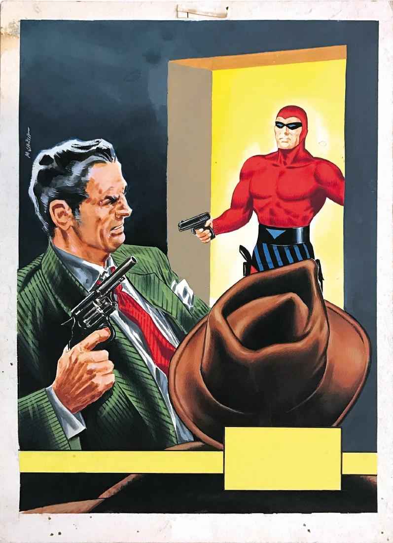 MARIO CARIA - UOMO MASCHERATO LA GIUSTIZIA DELL'OMBRA: Originale di copertina per “Superalbo Spada Special” n° 168, 1966. Tempera su cartone, cm 25x35 (opera cm 22,5x32). Firmato. Ottimo stato. ENG Original cover art for “Special Superalbo Spada”