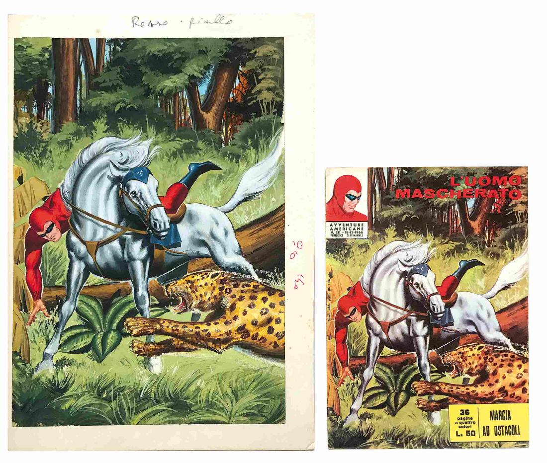 MARIO CARIA - UOMO MASCHERATO MARCIA AD OSTACOLI: Originale di copertina per “Avventure Americane” n° 211, Edizioni Spada edito nel dicembre 1966. Tempera su cartone, cm 22,5x33 (opera cm 20x29). Ottimo stato. Accompagnata da fascicolo a stampa.