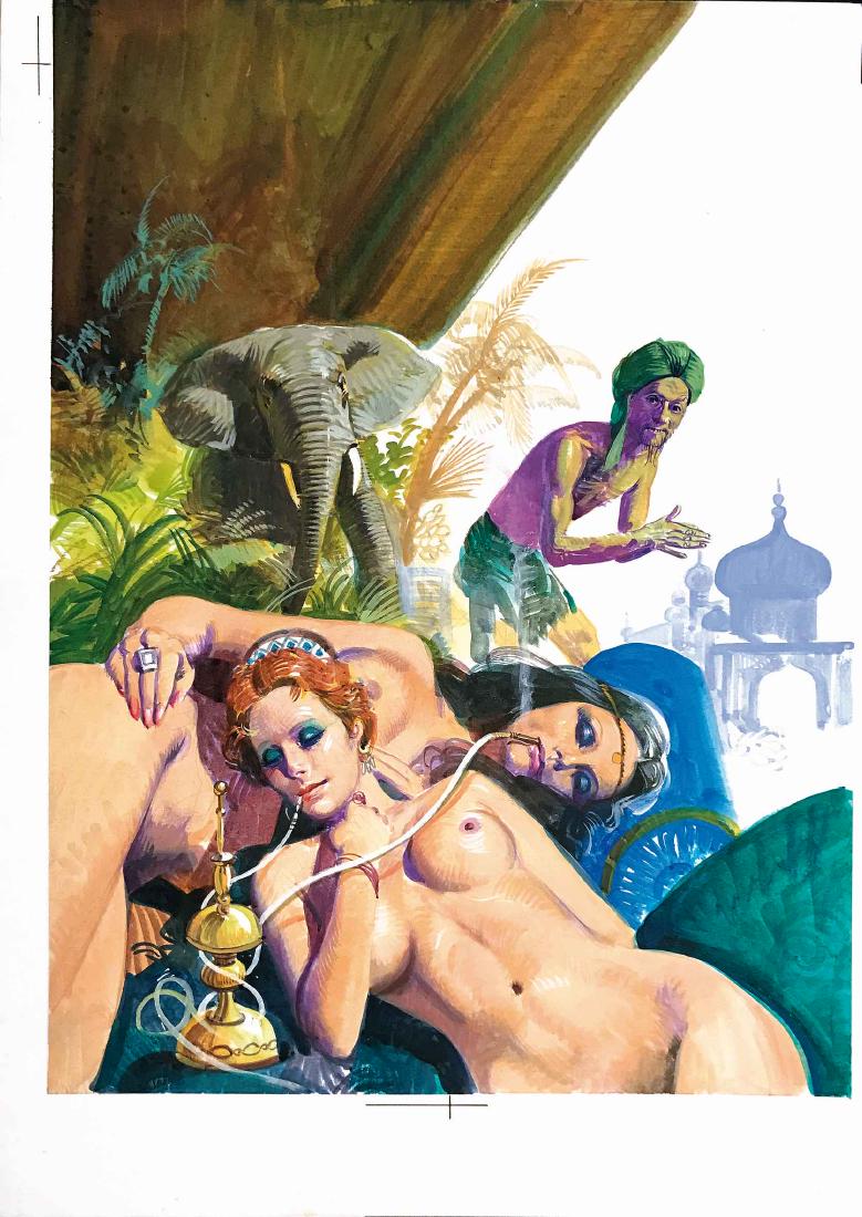 PINO DANGELICO - MESSALINA LA SEXY PROBOSCIDE: Originale di copertina per il n° 170, edito da Erregi nel 1974. Tempera su cartone, cm 25,5x36,5 (opera cm 24x32,5). Eccellente stato. ENG Original cover art for “Messalina” # 170, Erregi Edtions