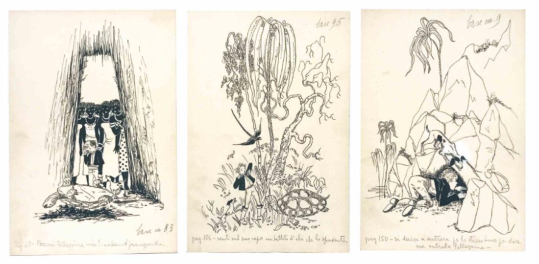 EDINA ALTARA - Le disavventure di Cicognino: Lotto di 3 ill. per l’opera di E. Torres edito da Paravia nel 1945. Ciascuna cm 20.5x16.5; matita, china e tempera bianca su cartoncino. Ottimo stato. ENG Published by Paravia, 1945. A set of 3 illu