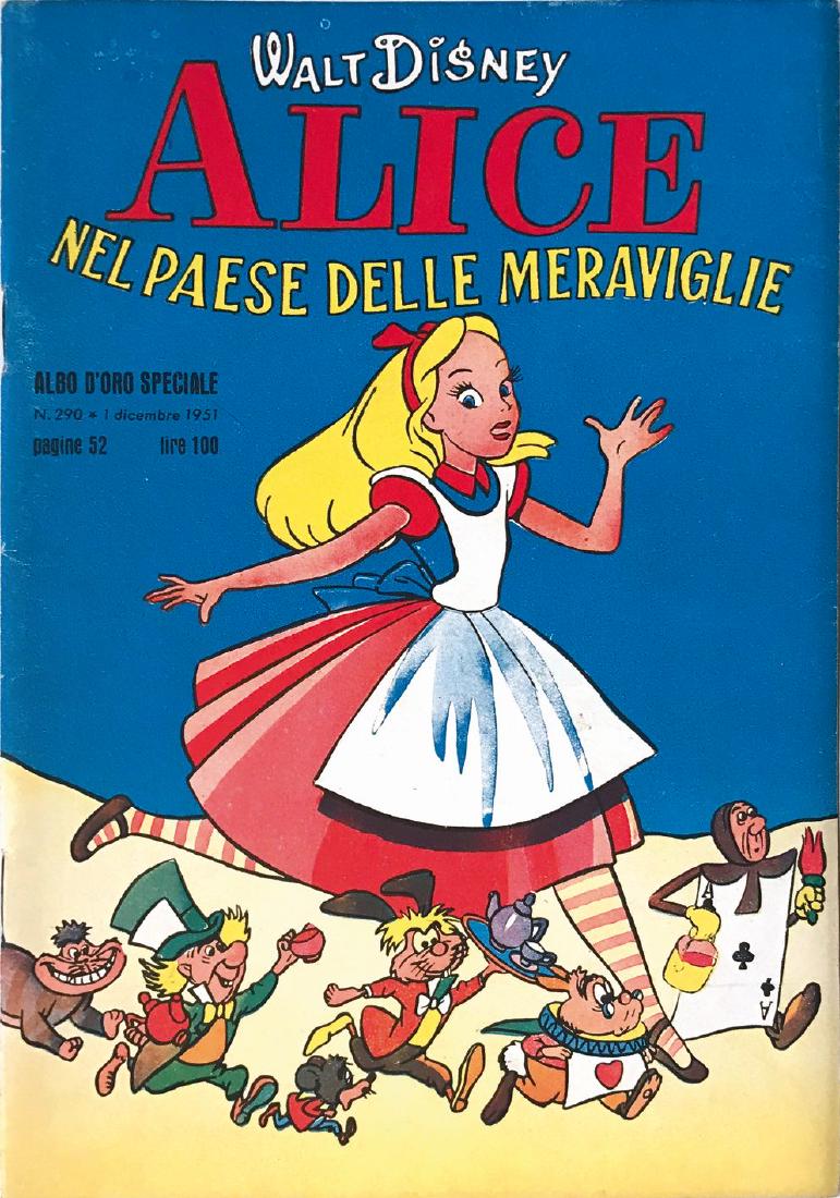 Alice nel Paese delle Meraviglie: Albo Speciale n. 290, dicembre 1951. Pp. 50 a colori. Edicola/magazzino. Assai raro in questo stato. ENG First Italian comic book adaptation from “Alice in Wonderland”. December 1951. Great condit