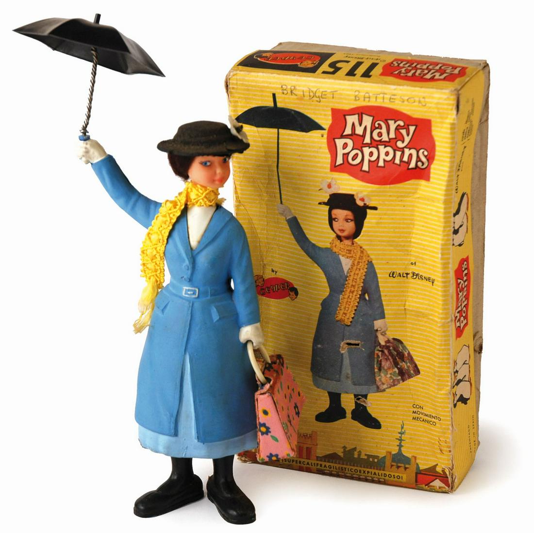 MARY POPPINS: Bambola con movimento meccanico prodotta dalla Yper in Spagna anni ‘60. Altezza cm 26, in confezione figurata. Bambola ottimo stato, confezione discreta. ENG Mechanical doll made in Spain in the 60s