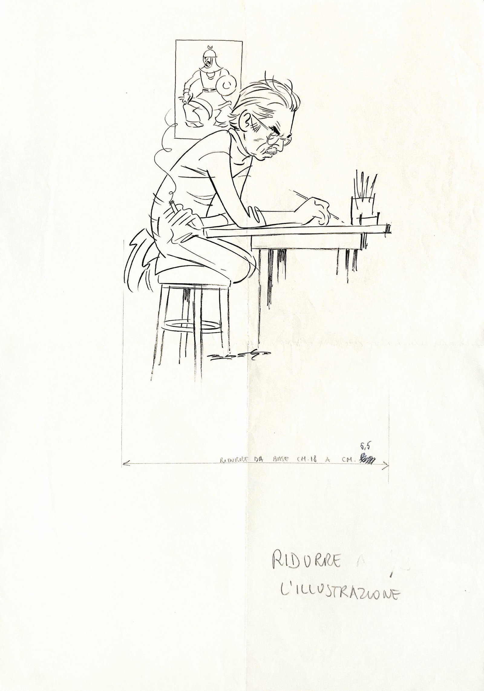 A. BIOLETTO - AUTORITRATTO CON FEROCE SALADINO: Disegno anni ’60. Matita e china su carta. Cm 50x35, opera cm 32x19. Firmata. Ottimo stato. ENG Self-portrait, ‘60s. Pencil and indian ink on paper. Cm 50x35, artwork cm 32x19. Signed. Very good c