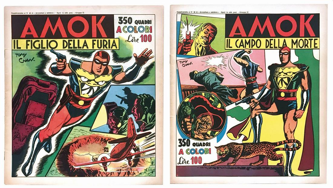 AMOK A COLORI: Il Figlio della Furia-Il Campo della Morte. Supplemento ad “Avventure e Mistero”. Serie completa di 2 albi. Edizioni Cremona Nuova, dicembre 1948. Ciascun albo cm 31.3x27.5. Pp. 24 autocopertinate