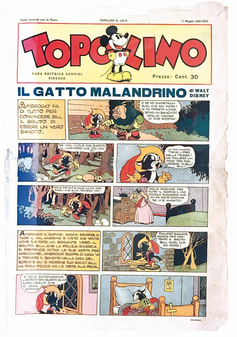 TOPOLINO GIORNALE SUPPLEMENTO N. 123b: 5 maggio 1935. Cm 54.5X32. Pp. 8 autocopertinate. Pubblica I Due Fannulloni con Paperino e Paperino Giornalista. Copia in ottimo stato con lievi tracce di polvere.