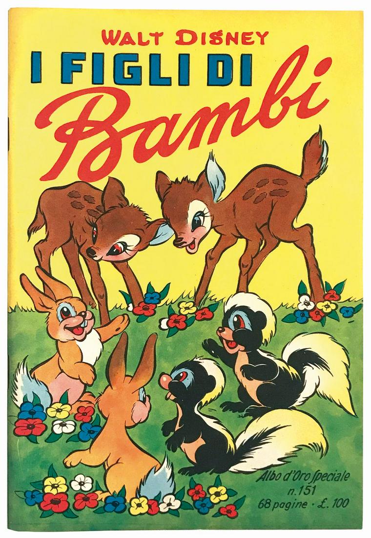 I FIGLI DI BAMBI: Albo d'oro speciale n. 151, Aprile 1949. Cm 25.5x17.2. Pp. 66 in bianco e nero e colori. Pubblica in appendice Fiorellino e il lupo con Penna bianca. Copia da magazzino, come fresca di stampa.