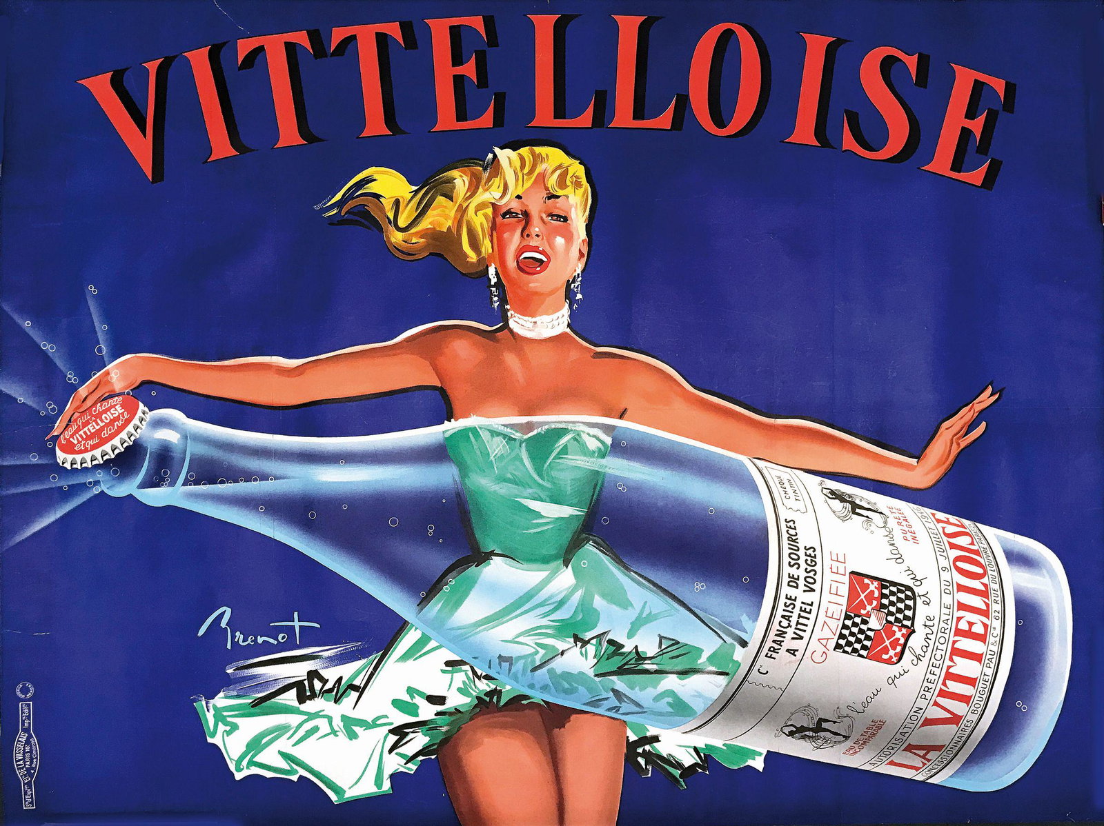 PIERRE BRENOT (1913-1998) - Vitteloise: Affisso originale, 1960 ca. Litografia impressa da Ets. De la Vasselais, Paris. Cm 117x157. QUALITÁ: A-. Piccoli strappi marginali, colori brillanti. Telato (senza margini bianchi). Un peculiare esem