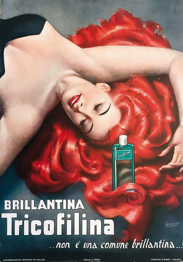 G. BOCCASILE (1901-1952) - Brillantina Tricofilina: GINO BOCCASILE (1901-1952), Brillantina Tricofilina … Non è una Comune Brillantina! Cartello-vetrina originale, 1952. Offset impresso da Chiovini & Banfi, Milano. Cm 34x23.5. QUALITÁ: A-. Margini 