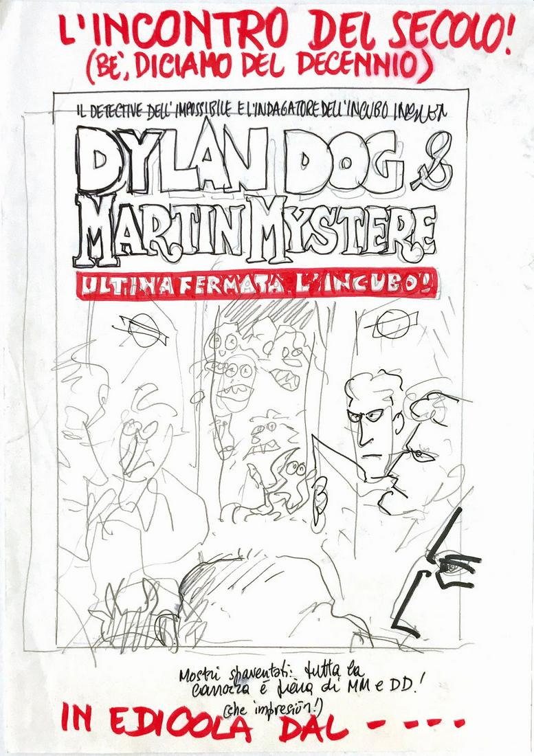 A. CASTELLI - Dylan Dog & Martin Mystere: Dylan Dog & Martin Mystere - Ultima Fermata L'Incubo. Bozzetto dell'autore per la copertina dell'albo con lo storico incontro. Matita e pennarello su carta. Cm 30x21. Buono stato. ENG Sketch by the au