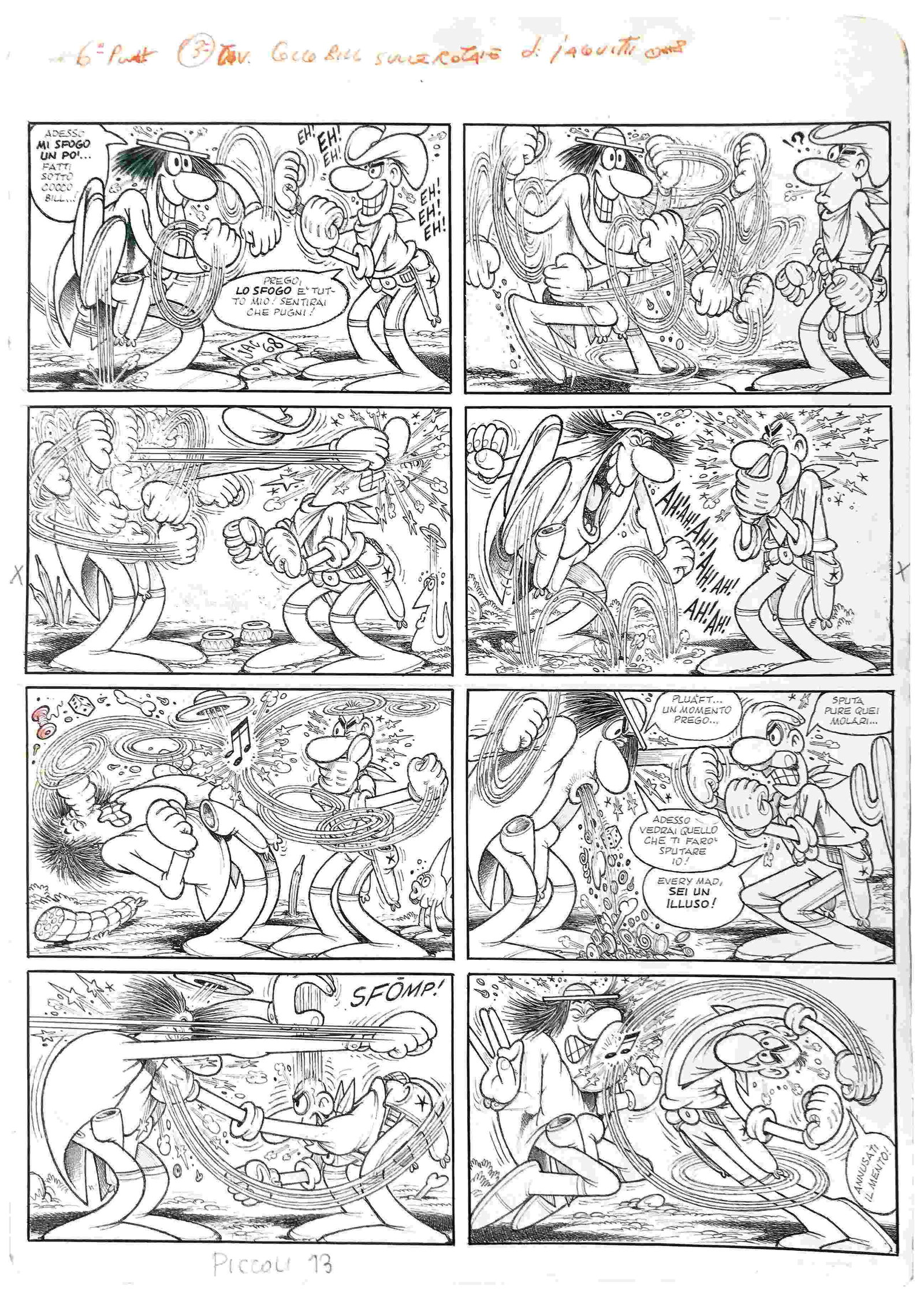 JACOVITTI BENITO - Cocco Bill Sulle Rotaie: Sesta puntata pubblicata ne il “Corriere dei Piccoli” n. 14 del 1969. Matita e china su carta da disegno Fabriano. Cm 46x32. Restroacquerellata. Con titolo e firma al margine superiore. Eccellente
