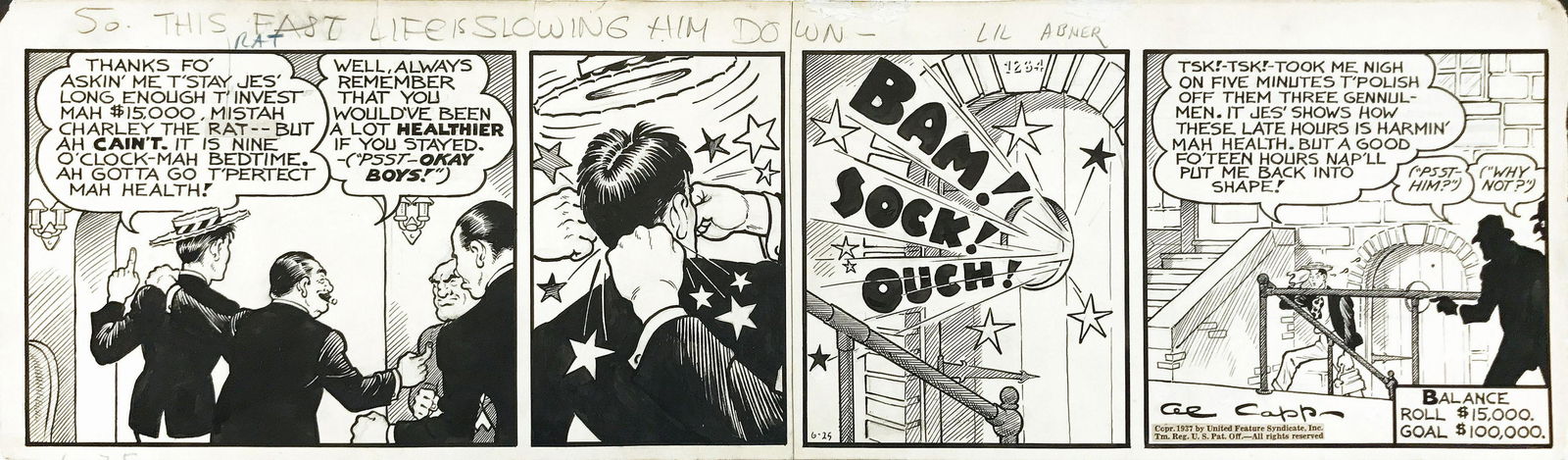AL CAPP - Li'l Abner - This Fast Life is Slowing Him: AL CAPP, Li'l Abner - This Fast Life is Slowing Him Down. Striscia giornaliera edita il 25 giugno 1937. Matita e china su cartoncino. Cm 17x58.5. Firmata all'ultima vignetta. Angoli lievemente arroton