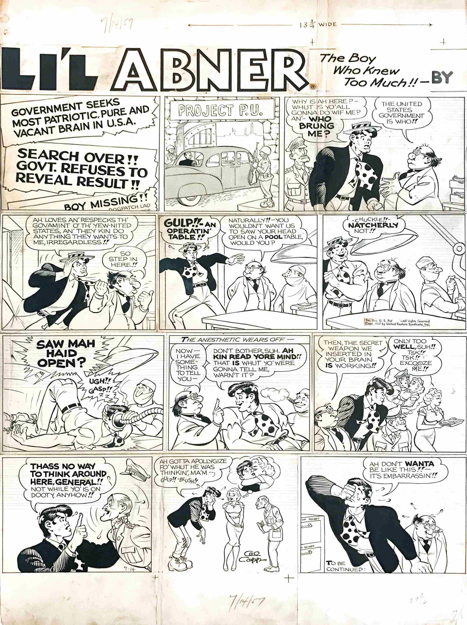AL CAPP - Li'l Abner - The Boy Who Knew Too Much: Tavola domenicale edita il 14 luglio 1957. Matita, china e retino su cartoncino, due pannelli raccordati. Cm 71x53 complessivi. Firmata alla penultima vignetta. Ingialliture sparse e qualche piega. Un