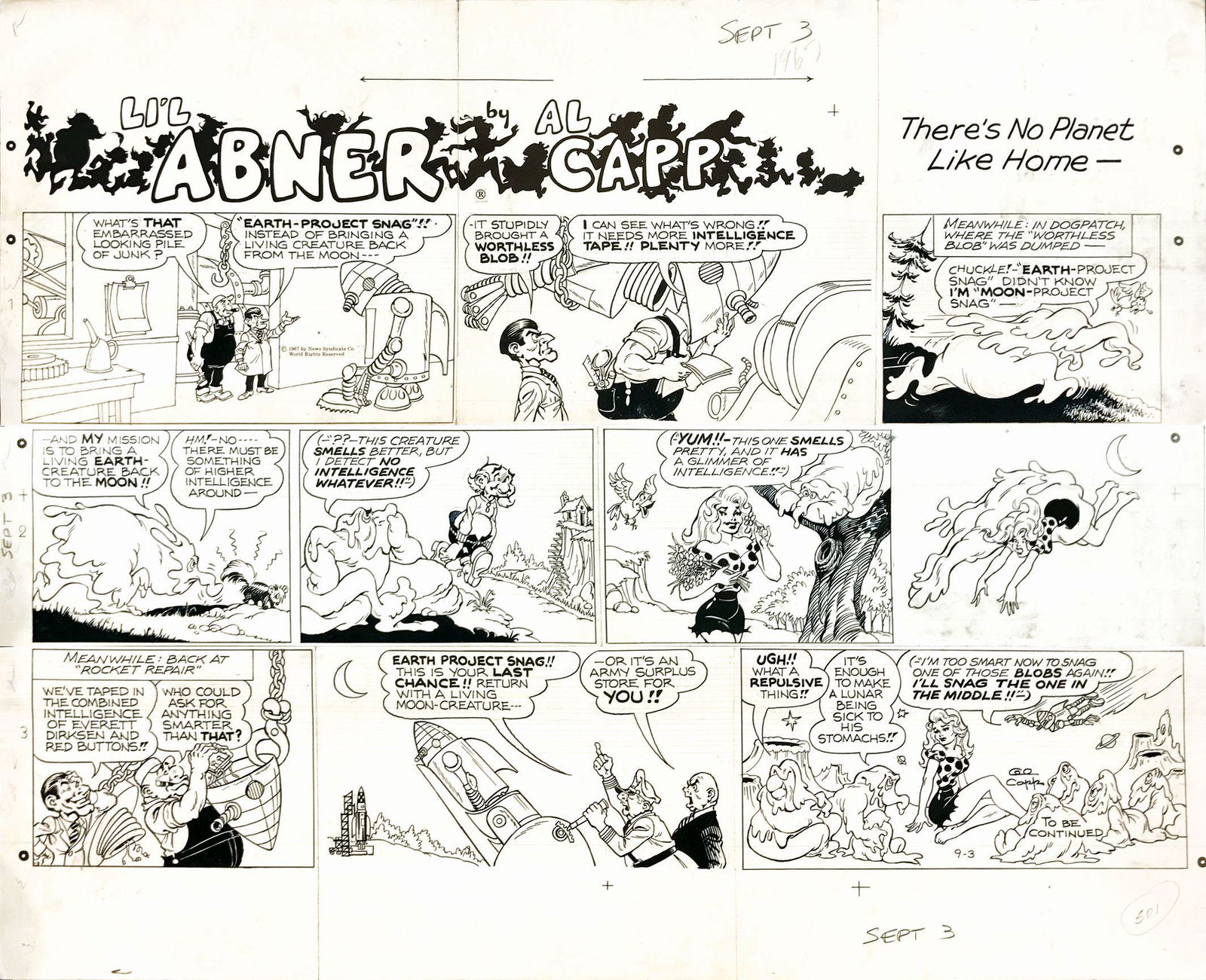 AL CAPP - Li'l Abner - There's No Planet Like Home: Tavola domenicale edita il 3 settembre 1967. Matita e china su tre pannelli in cartoncino. Cm 60x74 complessivi. Firmata all'ultima vignetta. Consueta piegatura centrale, qualche intervento editoriale