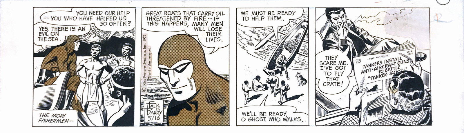 SY BARRY & LEE FALK - The Phantom: The Mori Fisherman: Striscia giornaliera edita il 16 maggio 1972. Matita, china e retino su cartoncino. Cm 13x44.5. Firmata da entrambi gli autori alla seconda vignetta. Buono stato, intervento editoriale all'ultima vign