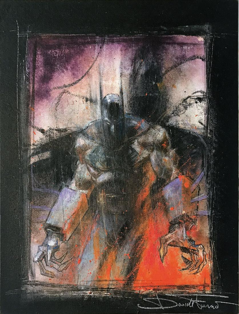 DAVIDE FURNÒ - The Batman: Dipinto tecnica mista su cartone telato. Cm 40x30. Firmato. Non datato ma 2018. Eccellente stato. ENG Painting, mixed technique on linened cardboard. Cm 40x30. Signed. Not dated but 2018. Excellent co