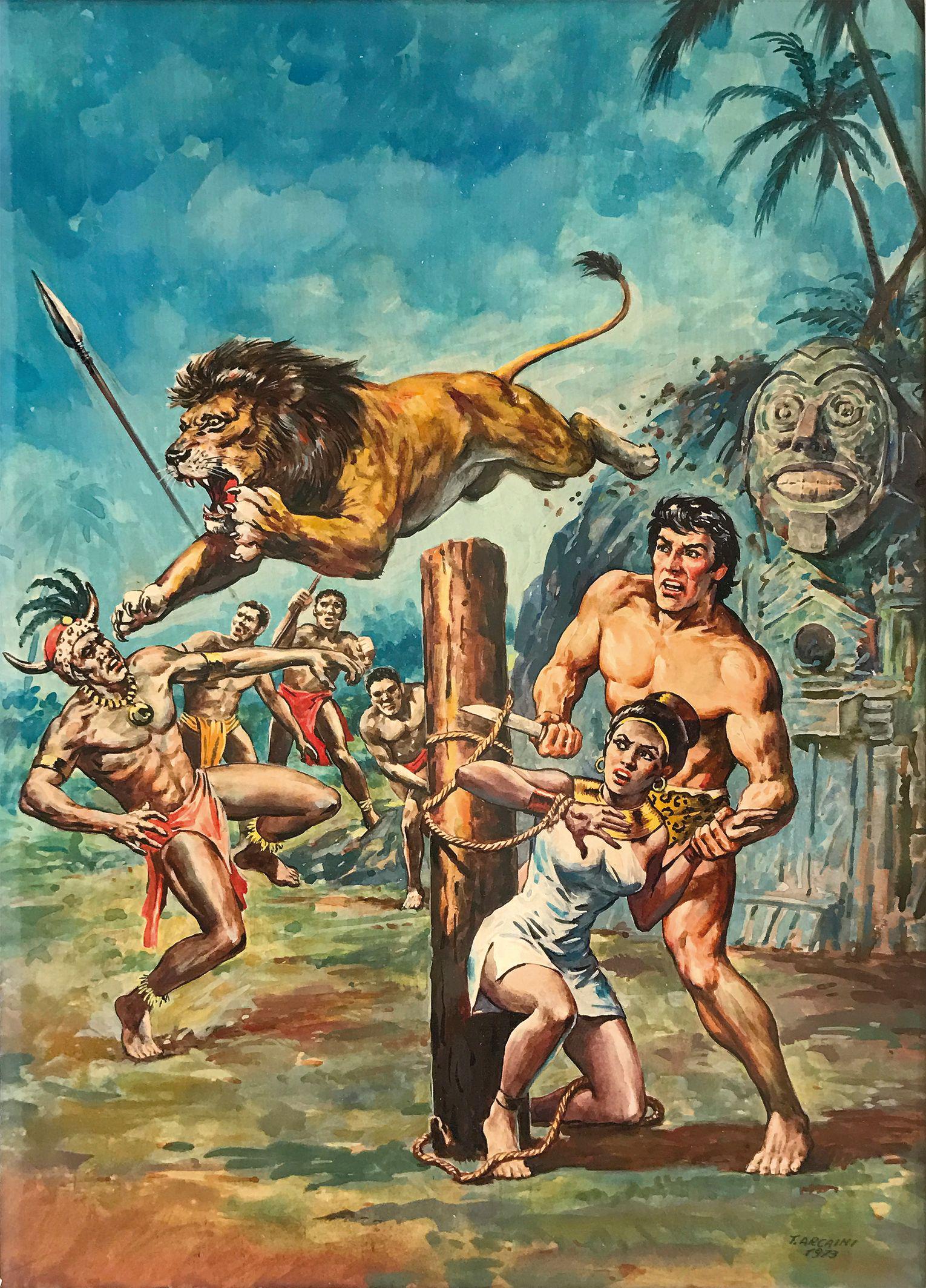 T. ARCAINI - Tarzan of the Apes: Originale di copertina per Comic Book Cenisio, 1973. Olio su tavola. Opera cm 35.5x25. Firmata e datata 1973. Eccellente stato. In cornice. ENG Original cover art for the Comic Book Cenisio, 1973. Oil