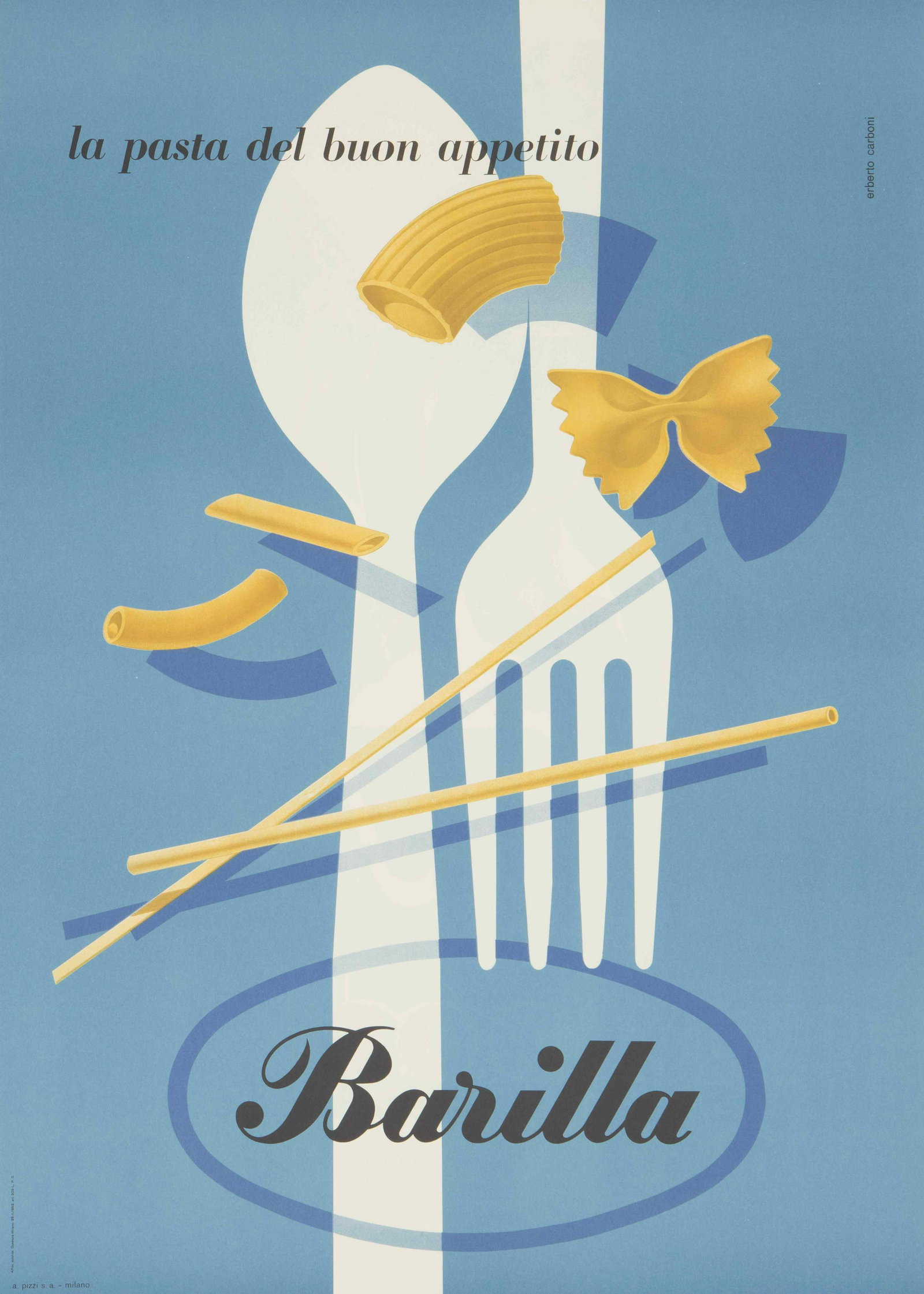 E. CARBONI - LA PASTA DEL BUON APPETITO / BARILLA: Manifesto pubblicitario in seconda edizione, anni ‘60. Offset. Cm 100x70. QUALITÁ: A. Ottimo e fresco esemplare. Forse il manifesto più noto della lunga collaborazione tra Carboni e la Barilla, cu