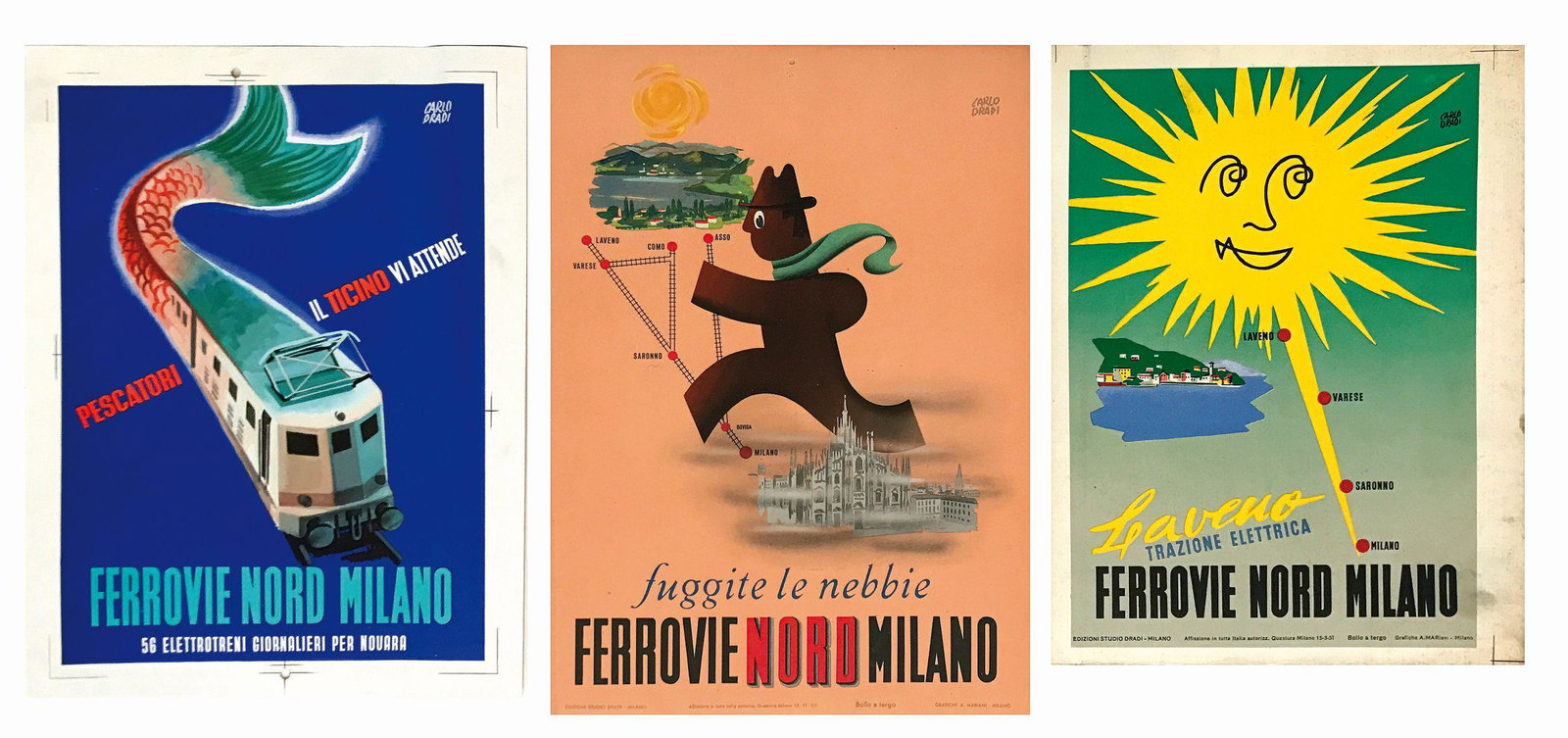 CARLO DRADI - FERROVIE NORD MILANO: Lotto di tre cartelli vetrina originali, uno su cartoncino, i restanti sono prove di stampa, 1950-1952. Offset impresso da Grafiche A.Mariani, Milano. Cm 27x19 cad. QUALITÁ: A/A-. Un esemplare con tr