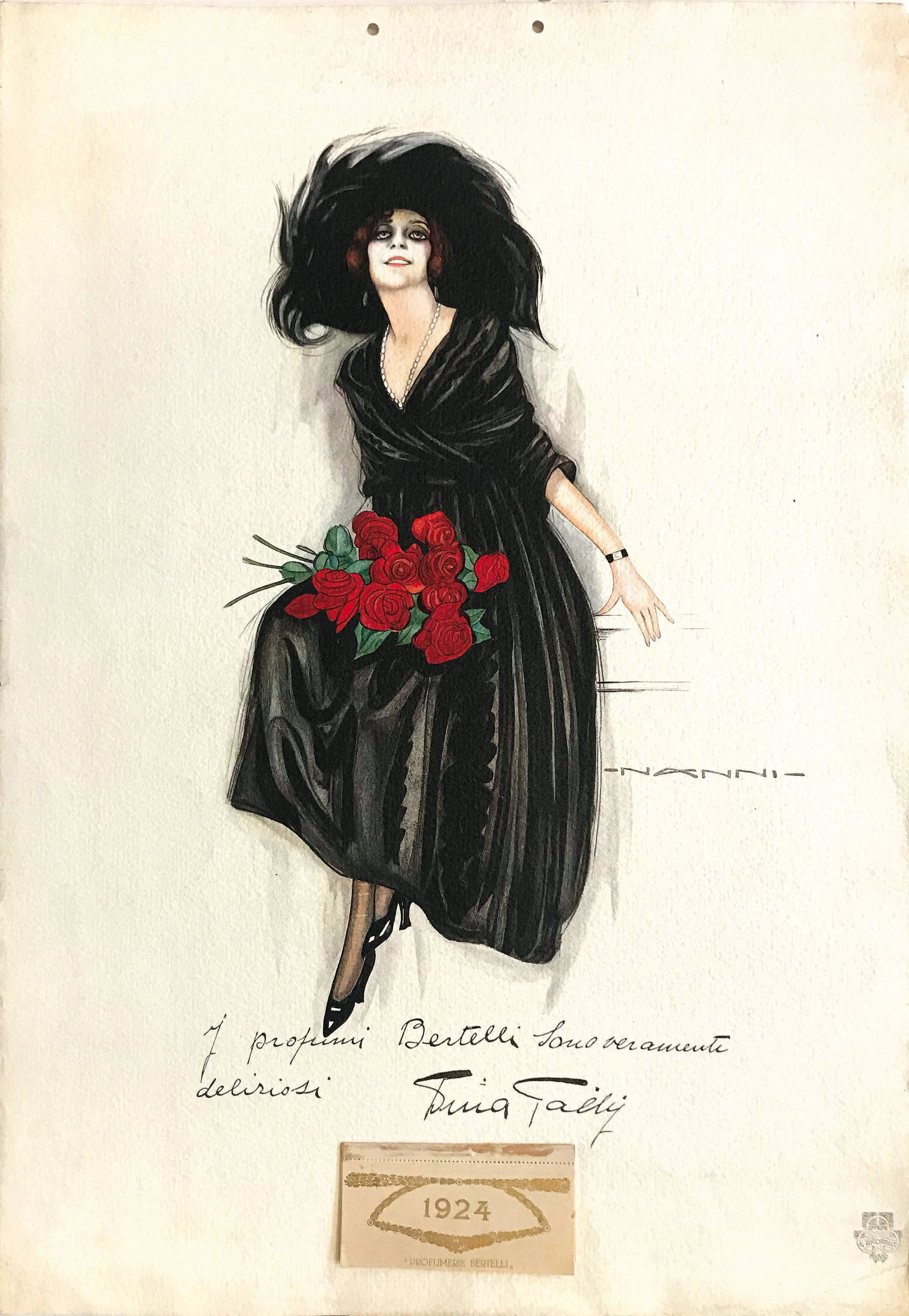 N.NANNI - I PROFUMI BERTELLI SONO VERAMENTE DELIZIOSI: Calendario pubblicitario originale, 1924. Offset impresso da Graf. Ricordi, Milano. Cm 56x38. QUALITA’: A-. Insignificante piega all’angolo inf. destro. Ancora un felice e delicato esempio della m