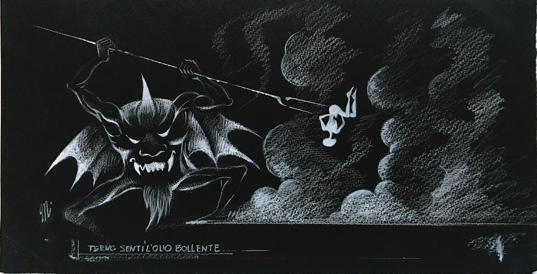 MAGNUS - Il Giudice delle Tenebre: Il Giudice delle Tenebre: Tseng Sentì l'Olio Bollente, illustrazione per uno dei progetti perduti di Magnus. Carboncino bianco su carta nera. Cm 16x31. Firmato con monogramma. Ottimo stato. ENG Illus