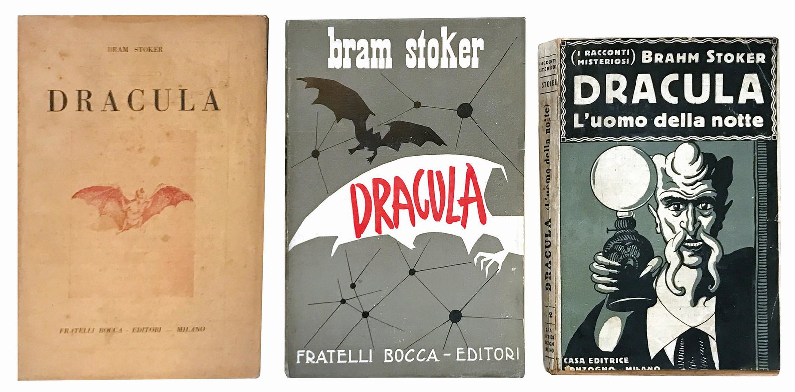 BRAHAM STOKER - DRACULA - LOTTO DI 3 LIBRI: Dracula: L'Uomo della Notte, Sonzogno, Milano, 1922.Prima edizione italiana abbreviata. Volume della collana “I Racconti Misteriosi” e tradotto da Angelo Nessi. Cm 18.3x12. Pp. 196 in brossura edi