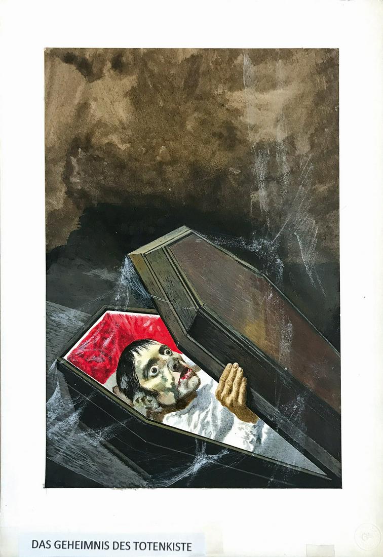 K.THOLE - Vampir: Vampir: Das Geheimnis Des Totenkiste. Originale di copertina per il romanzo di Errol Lecale edito in “Vampir” n.33, pubblicato da Pabel, Verlag, Gennaio 1976. Tempera su cartoncino. Cm 36.5x25.5 (