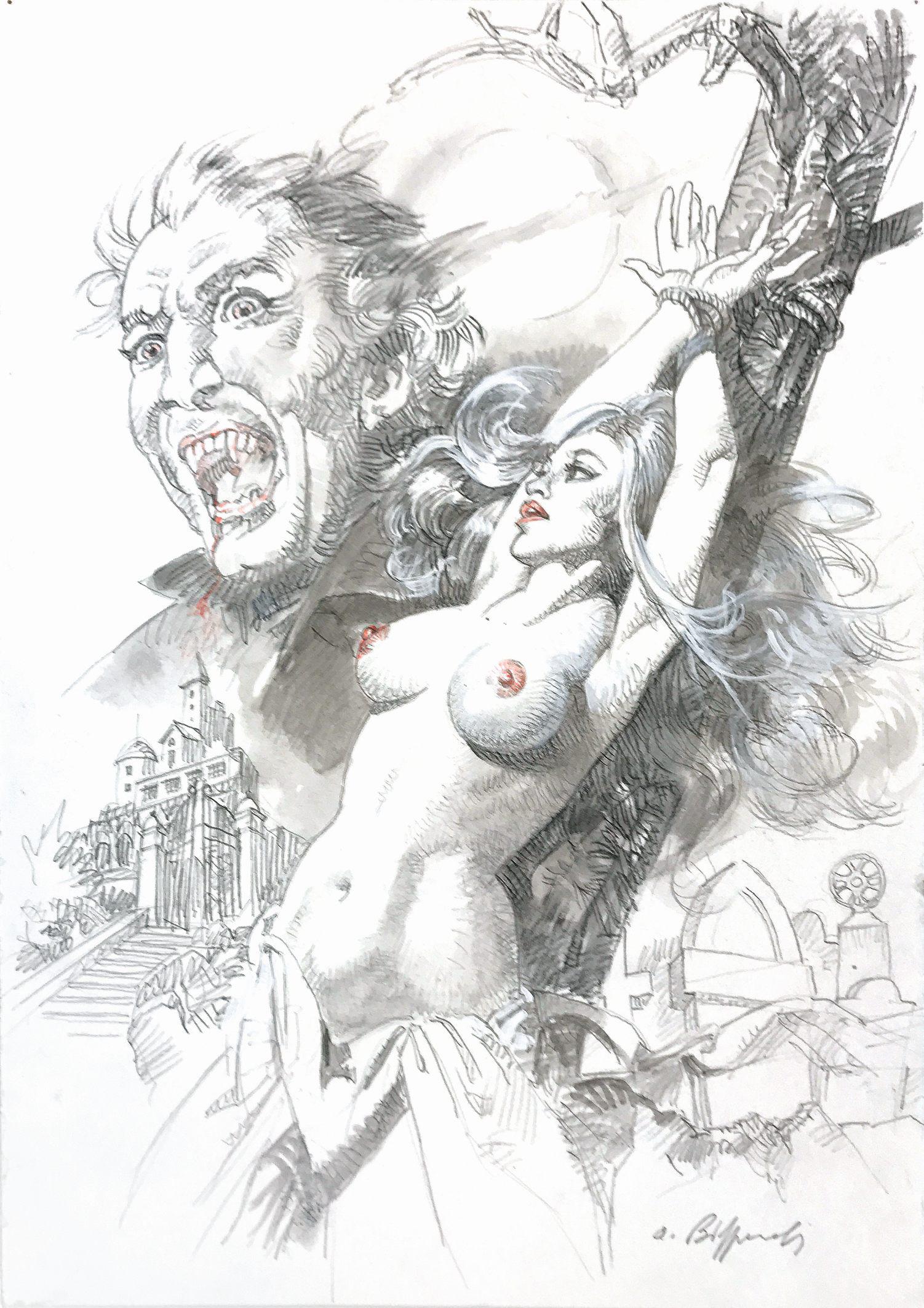ALESSANDRO BIFFIGNANDI - Dracula: Illustrazione matita e acquerello su cartoncino. Cm 36.3x25.3. Firmata. N.d. ma anni 2000. ENG Illustration pencil and watercolour on thin cardboard. Signed. Not dated but 2000.