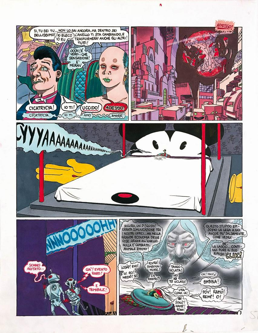 FILIPPO SCOZZARI (1946) - Cycatrycya: Tavola originale per “Il Male”. Tecnica mista su cartoncino. Cm 38x29.5. Fine anni '80. Ottimo stato. ENG Original art for “Il Male”. Mixed technique on thin cardboard. Late 1980s. Very good c