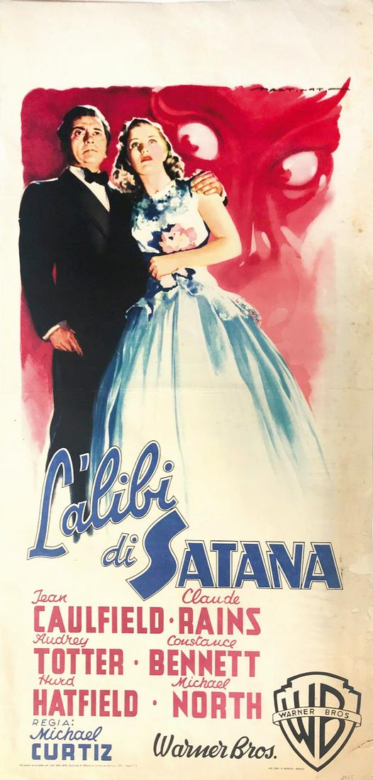 LUIGI MARTINATI - L’alibi di Satana: Locandina originale, 1a edizione italiana, 1948. Ind. Graf. Moneta, Milano. Cm70x33. QUALITÁ: B. Scuriture e foxing al margine bianco destro, con alcune perdite cartacee reintegrate professionalmente