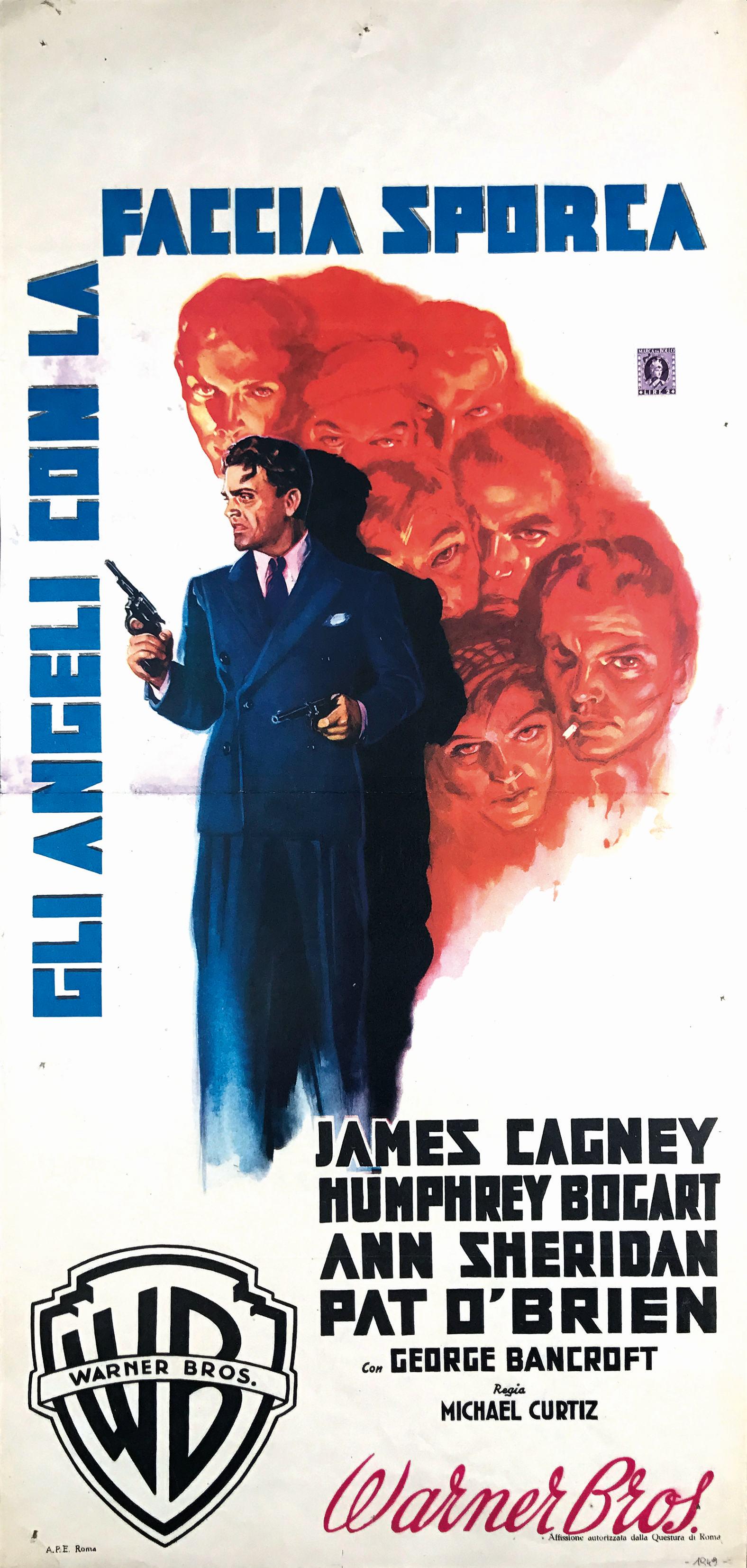 Gli angeli con la faccia sporca: Luigi Martinati (Attribuito). Locandina, 1a edizione italiana, 1949. A.P.E., Roma. Cm 70x33. QUALITÁ: B+. Leggere macchie sparse, rinforzo della piega centrale dal retro. Consueti fori d’affissione