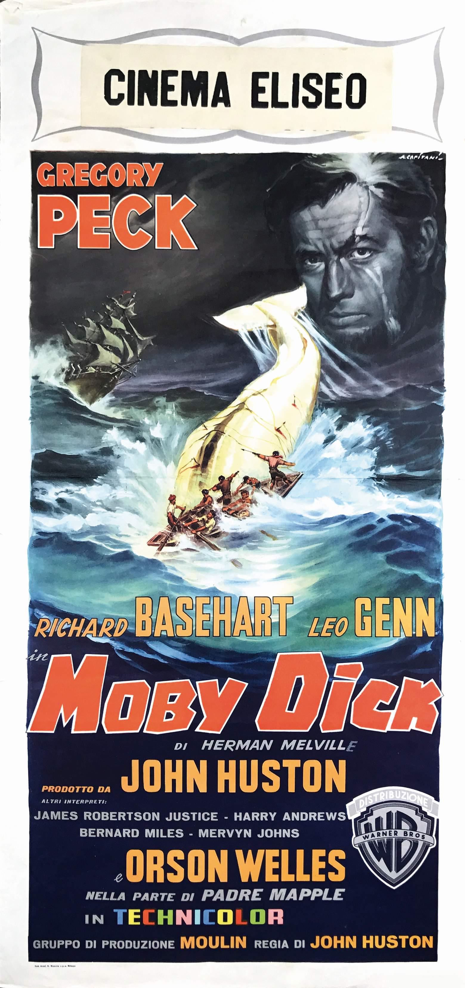 ALFREDO CAPITANI - Moby Dick: Locandina, 1a edizione italiana, 1956. Ind. Graf. N. Moneta, Milano. Cm 70x33. QUALITÁ: A-. Consueta piega orizzontale con piccolo rinforzo dal retro, lievi sgualciture marginali; colori freschi e ca