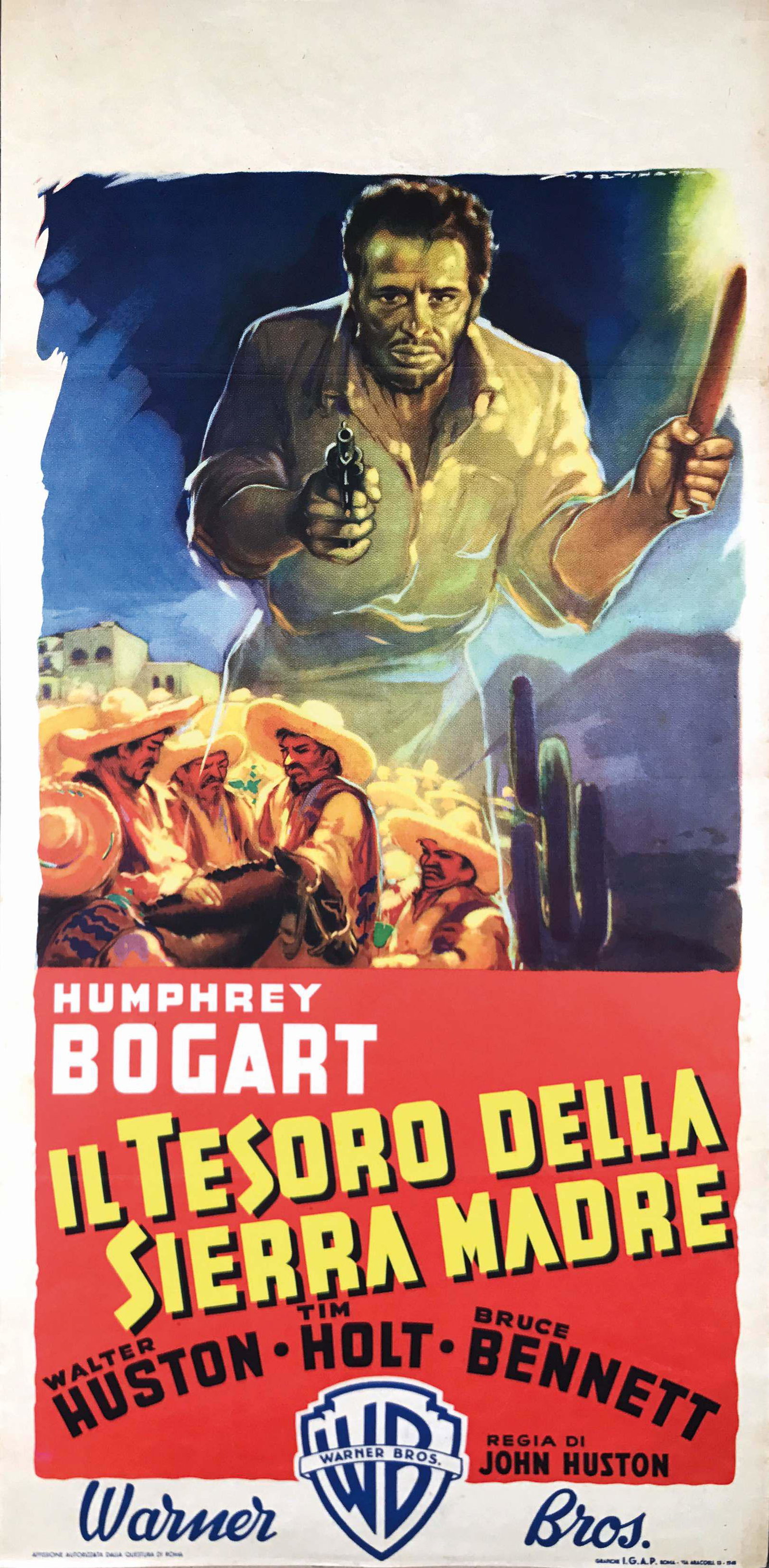 Il tesoro della Sierra Madre: LUIGI MARTINATI. Locandina in 1a edizione italiana, 1948, impressa da grafiche IGAP, Roma. Cm 33x69. QUALITÁ: A-. Rinforzi al retro e timbri di collezioni private. Fronte ottimamente conservato, con 