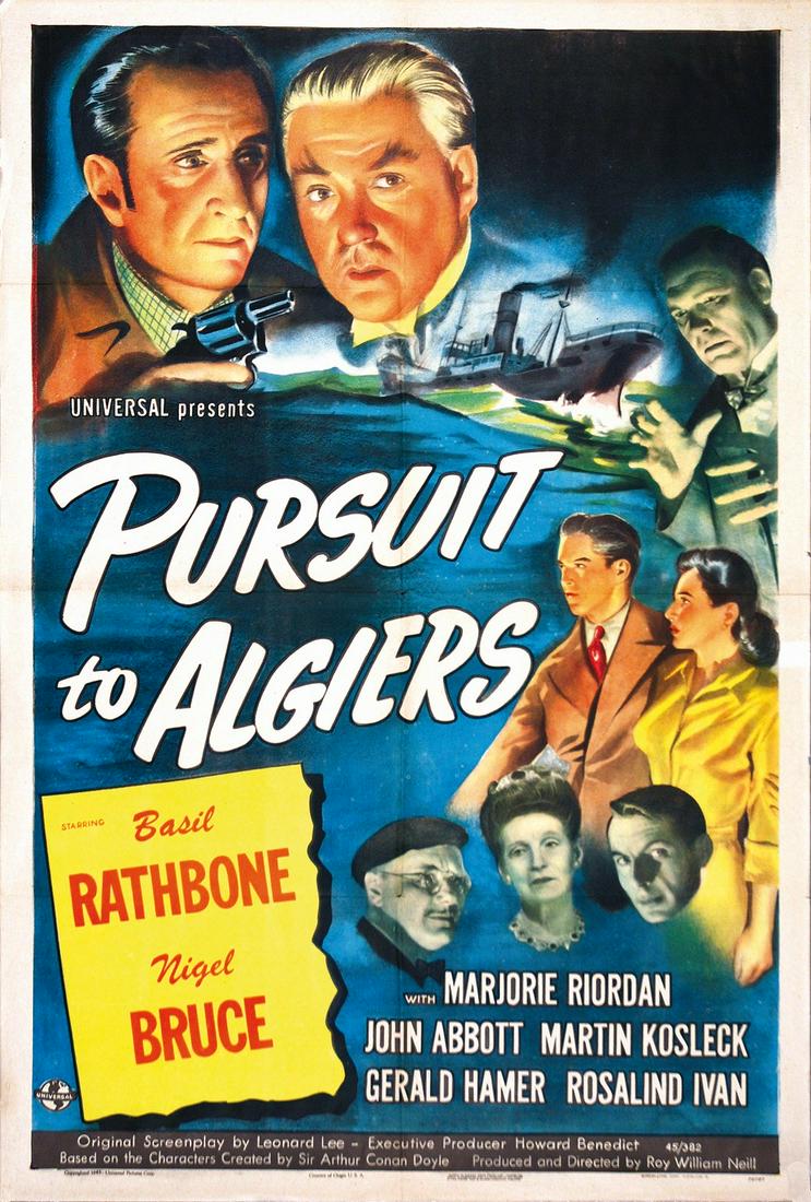 Sherlock Holmes: Pursuit to Algiers: ARTISTA NON IDENTIFICATO. Affisso originale, 1945. Offset impresso da Morgan Litho Co., Cleveland. Cm 104x69. QUALITÁ: A-. Lievi strappi e pieghe lungo le piegature. Ottimo stato. ENG First American 