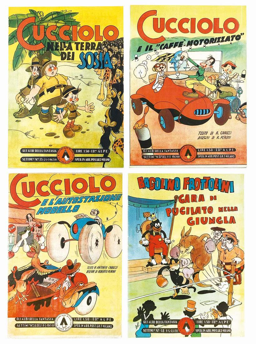 Gli Albi della Fantasia: ANZI; ZAMPERONI; DA PASSANO - Gli Albi della Fantasia. Alpe, 1943. Spillati cm 28,2x20. Numero 33 Cucciolo nella terra dei sosia; n. 37 Cucciolo e il caffÃ¨ motorizzato; n. 38 Cucciolo e lâ€™au