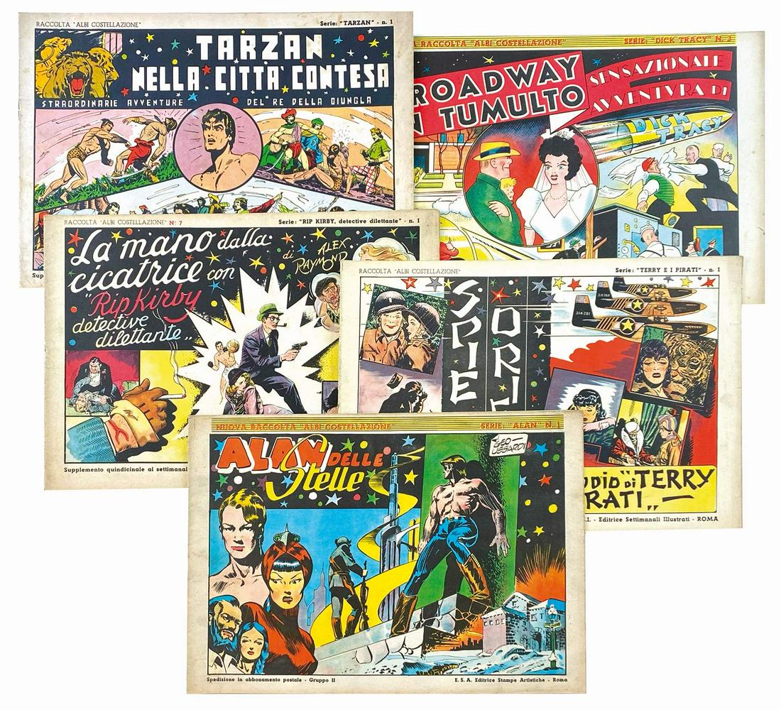 Albi Costellazione: MEL GRAFF; CANIFF; RUBYMORE; GOULD; AL CAPP; RAYMOND - Albi Costellazione. Edizioni E.S.I. Roma, 1946. Lotto di 20 albi dei 22 editi, spillati, cm 21.5x32. Lotto composto da: Serie L'Agente Segreto X-