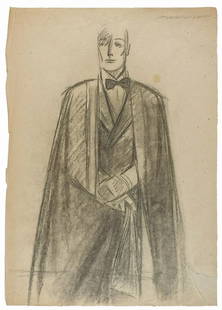 MARCELLO DUDOVICH - Uomo con mantello: Preliminare per illustrazione di moda, carboncino su carta, cm 50x35. Un'integrazione cartacea all'angolo inferiore destro, che non inficia l'opera. Non datato ma primi anni '30. Firmato in alto a