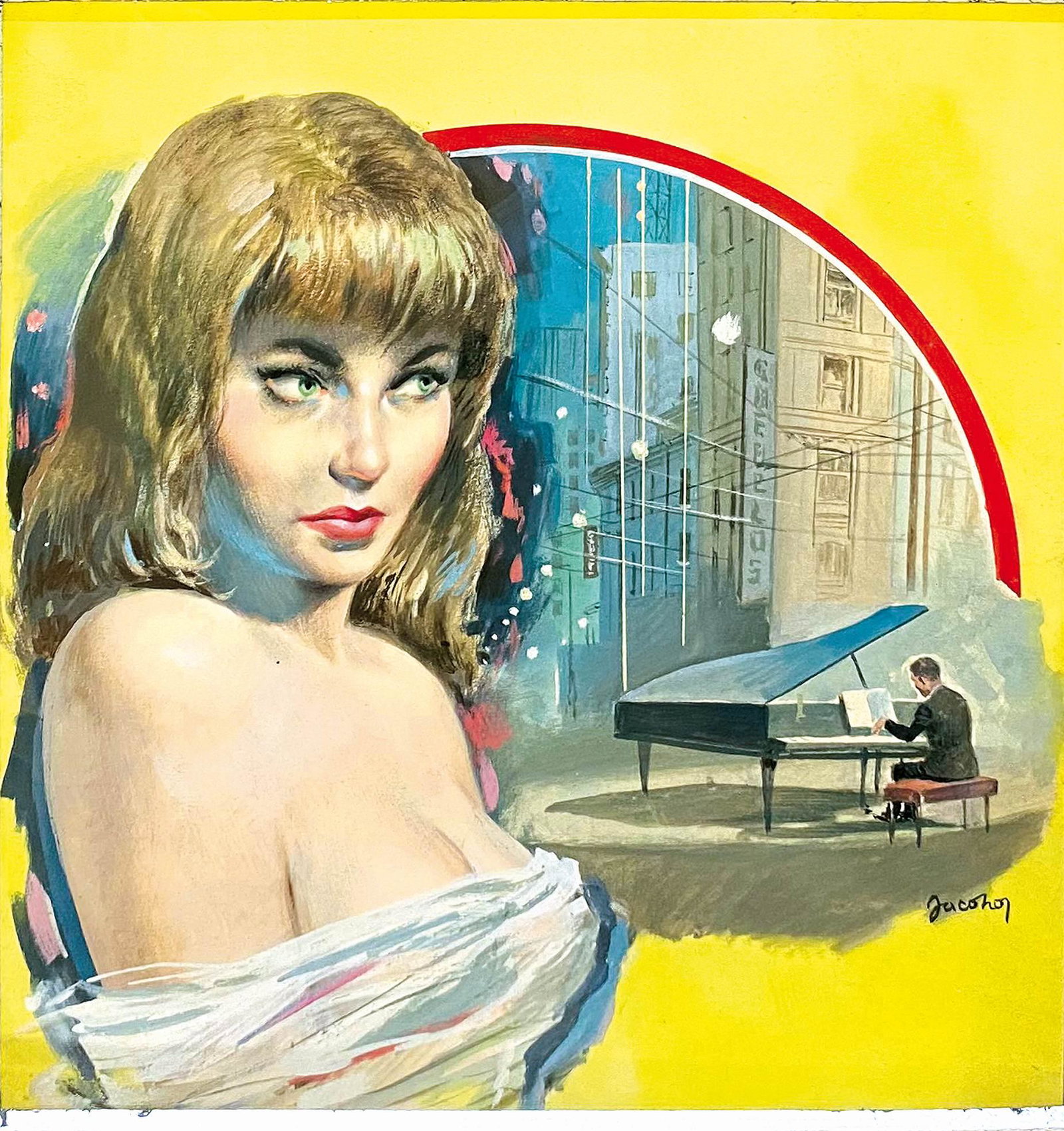 CARLO JACONO - Omicidio per la sposa: Originale di copertina per il romanzo di Charlotte Armstrong, edito nella collana â€œIl Giallo Mondadori” n. 943, seconda metÃ anni '60. Tempera su cartone, cm 35x30. Firmata. Ottimo stat