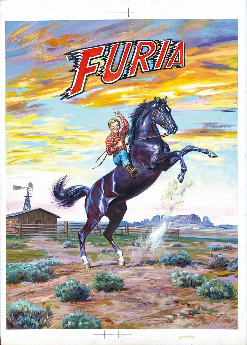 DINO BUSETT - Le Figurine di Furia: Illustrazione originale in grande formato per la copertina dell'album di figurine di â€œFuria”, Panini, 1977. Tempera su cartone, cm 41,5x60,5. Eccellente stato. Completo di titolo disegnato