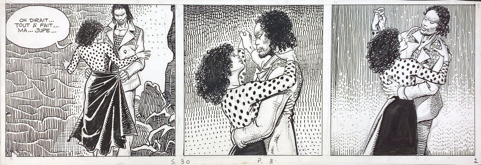 MILO MANARA - Giuseppe Bergman: MILO MANARA - Le Avventure Africane di Giuseppe Bergman. Trentesima striscia originale pubblicata a pag. 8 della raccolta edita nel 1983. Matita e china su cartoncino, cm 18x48,5. Una piccola abrasion