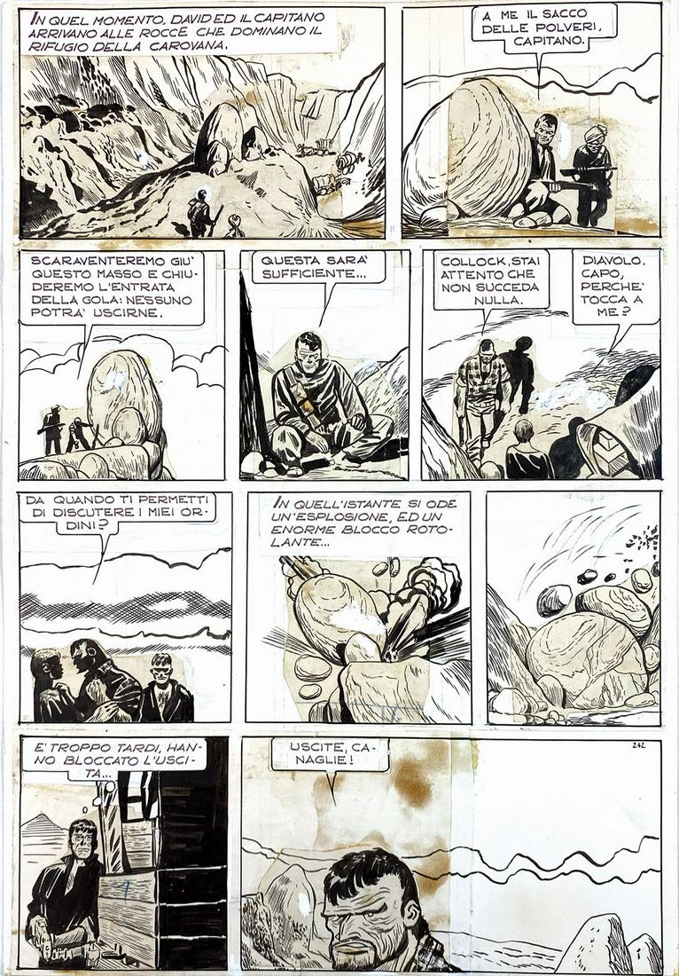 HUGO PRATT - Junglemen!: 242Â° tavola pubblicata in Argentina, su â€œMisterix” n. 753, edita da Abril nel 1963 e rieditata in formato verticale nel volume omonimo, ed. Ivaldi, 1980. Matita e china su cartoncino, c