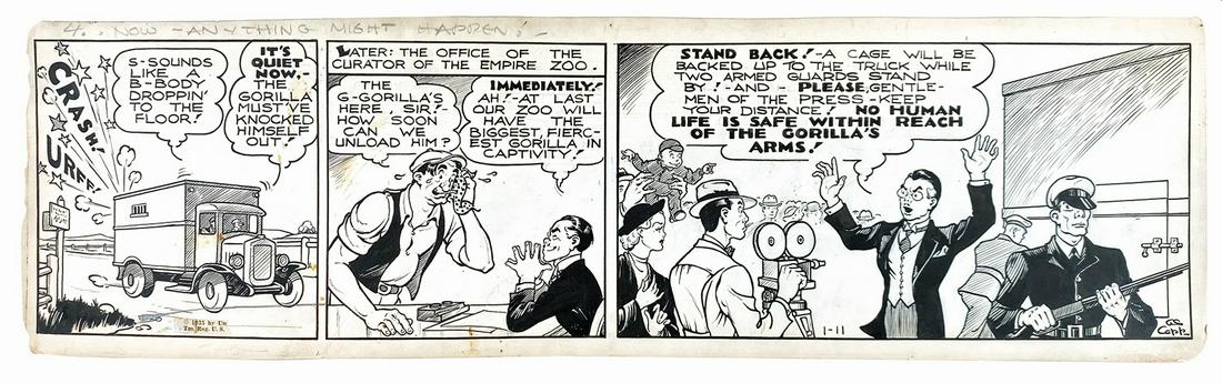 AL CAPP - Lil'Abner: AL CAPP - Lil'Abner: Now Anything Might Happen! Striscia giornaliera edita l'11 gennaio 1935. Matita e china su cartoncino, cm 17x58. Firmata all'ultima vignetta. Lievi ingialliture e qualche interven