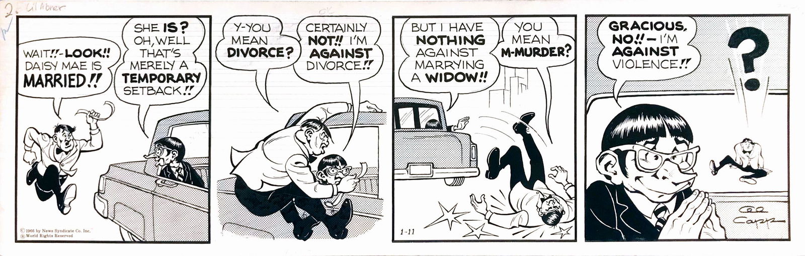 AL CAPP - Lil'Abner: Striscia giornaliera edita l'11 gennaio 1966. Matita, china e retino su cartoncino. Cm 16x50. Firmata all'ultima vignetta. Ottimo stato. ENG Daily strip published on 11 January 1966. Pencil, indian in