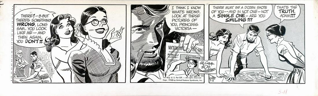 AL CAPP; BOB LUBBERS - Long Sam: Lotto di quattro strisce giornaliere consecutive edite dall'11 al 14 marzo 1958. Ciascuna matita, china e retino su cartoncino, cm 16x53,5. Firmata in cartiglio dai due artisti. ENG Lot of four consec