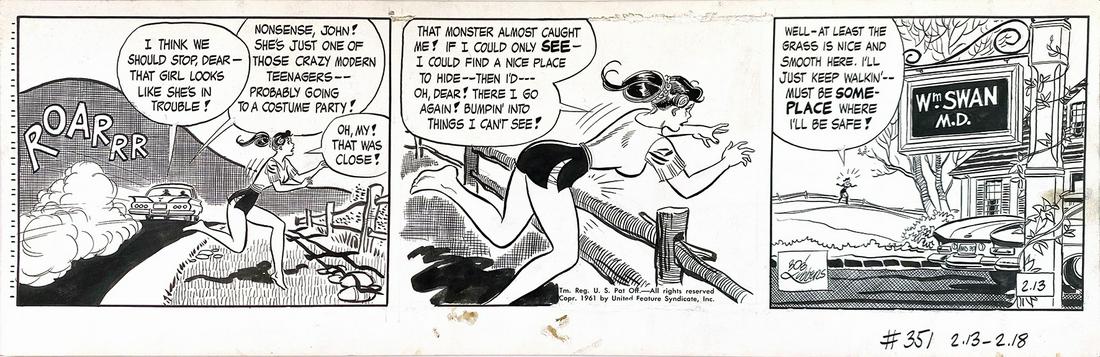BOB LUBBERS - Long Sam: Striscia giornaliera edita il 13 febbraio 1961. Matita e china su cartoncino, cm 16,5x50,5. Firmata in cartiglio. Lievissime ingialliture. Buono stato. ENG Daily strip published on February 13, 1961. 